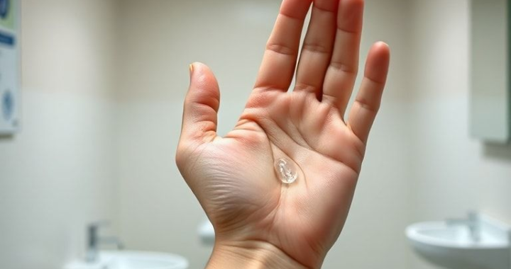 A person demonstrating the correct amount of alcohol-based hand sanitizer in their palm, with a clean, well-lit bathroom or public health setting in the background, focusing on the hands, educational, clear, neutral colors, ultra realistic, highly detailed, 8k quality, photorealistic