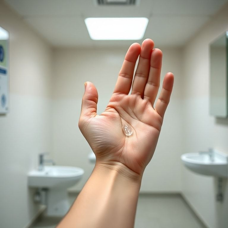 A person demonstrating the correct amount of alcohol-based hand sanitizer in their palm, with a clean, well-lit bathroom or public health setting in the background, focusing on the hands, educational, clear, neutral colors, ultra realistic, highly detailed, 8k quality, photorealistic