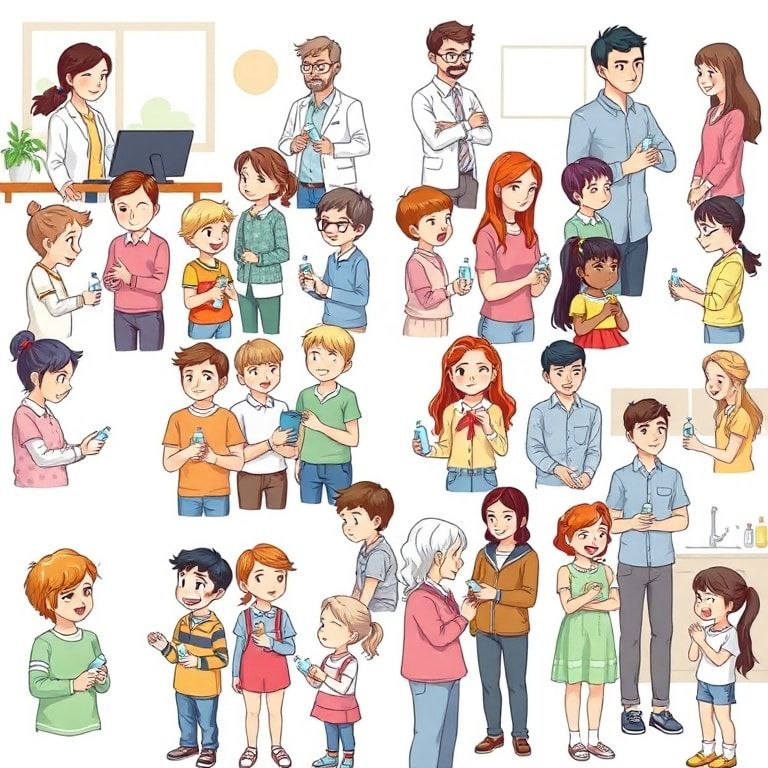 A diverse group of people (adults and children) in various everyday settings (e.g., office, playground, kitchen) consistently