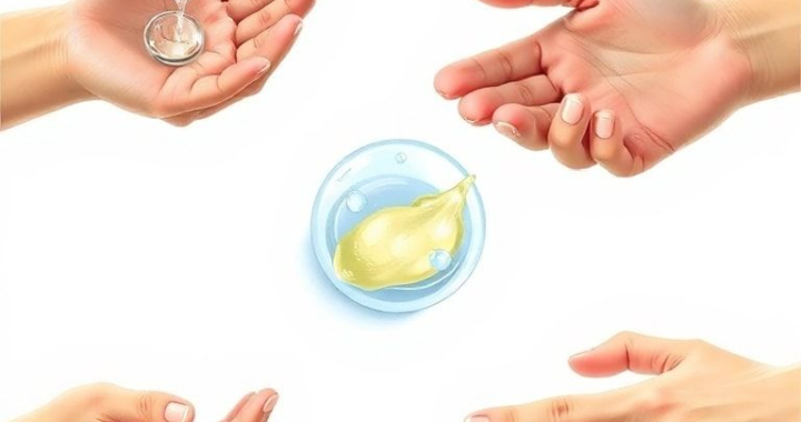 A close-up, step-by-step illustration of someone correctly applying alcohol-based hand sanitizer. The image shows the 7 distinct steps: applying gel, rubbing palms, rubbing back of hands, interlacing fingers, rubbing back of fingers, rubbing thumbs, and rubbing fingertips. Hands are clean and well-maintained, set against a clean, bright background, with a focus on the liquid gel spreading. Educational, clear, bright lighting, high detail, realistic, medical illustration style.