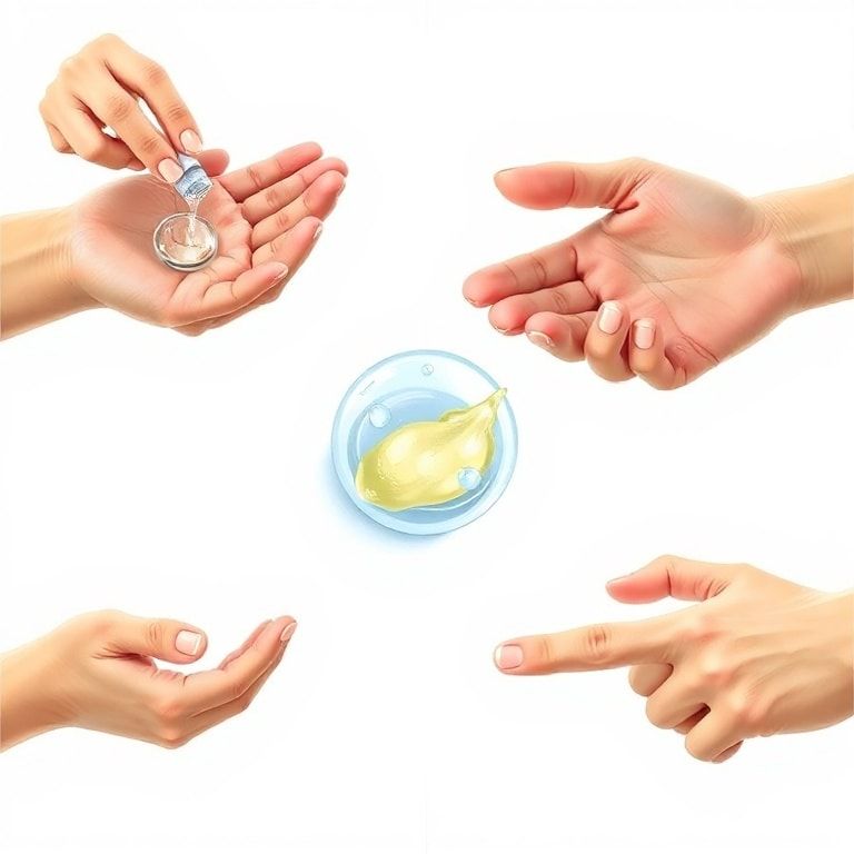 A close-up, step-by-step illustration of someone correctly applying alcohol-based hand sanitizer. The image shows the 7 distinct steps: applying gel, rubbing palms, rubbing back of hands, interlacing fingers, rubbing back of fingers, rubbing thumbs, and rubbing fingertips. Hands are clean and well-maintained, set against a clean, bright background, with a focus on the liquid gel spreading. Educational, clear, bright lighting, high detail, realistic, medical illustration style.