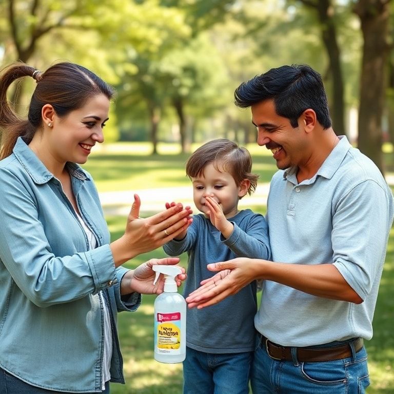 A family (mother, father, and a child) in a park setting, demonstrating proper hand sanitizing technique. They are smiling an