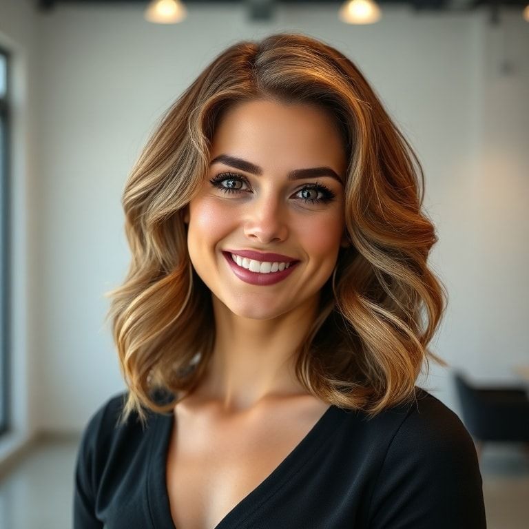 right - A woman with elegant, medium-length wavy hair, styled naturally with a light hold gel, showcasing volume and shine wi