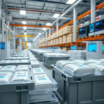 A detailed, modern pharmaceutical cold chain logistics hub, with advanced thermal packaging solutions featuring sleek PCM gel packs being loaded into temperature-controlled shipping containers. The scene is bright, clean, and highly organized, emphasizing precision and technology. Pallets of medicines are visible in the background, with digital temperature monitoring screens. Focus on the sophisticated design of the PCM packaging and the efficiency of the operations. Cinematic, ultra realistic, highly detailed, 8k quality, photorealistic, professional industrial photography style.