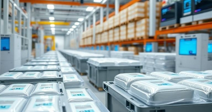 A detailed, modern pharmaceutical cold chain logistics hub, with advanced thermal packaging solutions featuring sleek PCM gel packs being loaded into temperature-controlled shipping containers. The scene is bright, clean, and highly organized, emphasizing precision and technology. Pallets of medicines are visible in the background, with digital temperature monitoring screens. Focus on the sophisticated design of the PCM packaging and the efficiency of the operations. Cinematic, ultra realistic, highly detailed, 8k quality, photorealistic, professional industrial photography style.