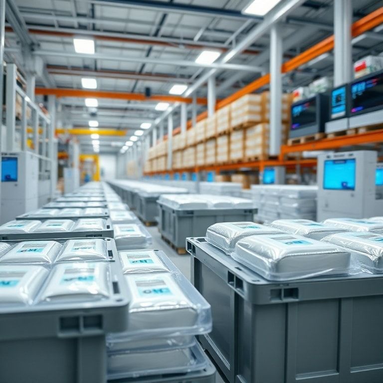 A detailed, modern pharmaceutical cold chain logistics hub, with advanced thermal packaging solutions featuring sleek PCM gel packs being loaded into temperature-controlled shipping containers. The scene is bright, clean, and highly organized, emphasizing precision and technology. Pallets of medicines are visible in the background, with digital temperature monitoring screens. Focus on the sophisticated design of the PCM packaging and the efficiency of the operations. Cinematic, ultra realistic, highly detailed, 8k quality, photorealistic, professional industrial photography style.