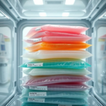 A close-up, detailed shot of various medical gel packs in different sizes and colors, stacked neatly inside a clear, insulated shipping container. The gel packs appear flexible and slightly frosted, with labels indicating 'medical grade' and temperature ranges. The background is a clean, sterile laboratory environment with faint scientific equipment, emphasizing precision and care. High-key lighting, sharp focus, ultra realistic, highly detailed, 8k quality, photorealistic