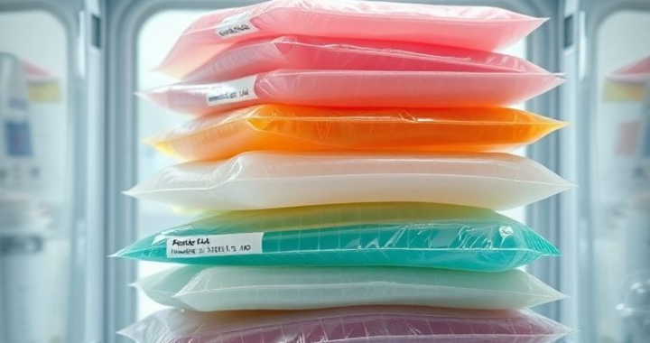 A close-up, detailed shot of various medical gel packs in different sizes and colors, stacked neatly inside a clear, insulated shipping container. The gel packs appear flexible and slightly frosted, with labels indicating 'medical grade' and temperature ranges. The background is a clean, sterile laboratory environment with faint scientific equipment, emphasizing precision and care. High-key lighting, sharp focus, ultra realistic, highly detailed, 8k quality, photorealistic