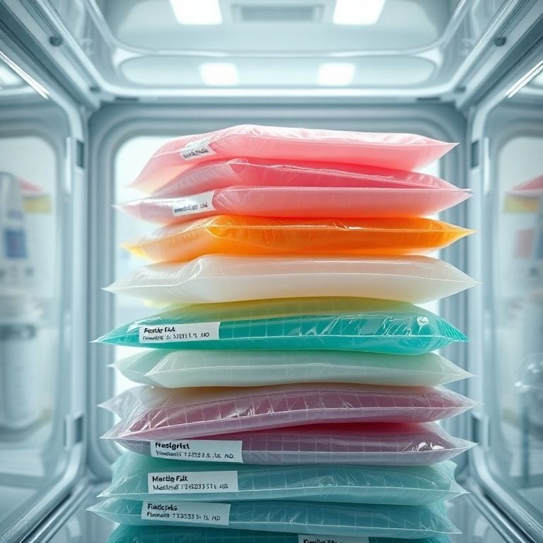 A close-up, detailed shot of various medical gel packs in different sizes and colors, stacked neatly inside a clear, insulated shipping container. The gel packs appear flexible and slightly frosted, with labels indicating 'medical grade' and temperature ranges. The background is a clean, sterile laboratory environment with faint scientific equipment, emphasizing precision and care. High-key lighting, sharp focus, ultra realistic, highly detailed, 8k quality, photorealistic