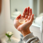 Close-up shot of a person's hands warming a small, pea-sized amount of clear hair gel between their palms, preparing to apply it. The background is softly blurred, focusing on the hands and the gel, showing a clean, well-lit bathroom or vanity setting, natural light, soft focus, high detail, realistic, warm tones
