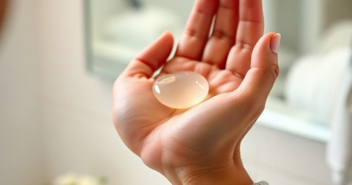 Close-up shot of a person's hands warming a small, pea-sized amount of clear hair gel between their palms, preparing to apply it. The background is softly blurred, focusing on the hands and the gel, showing a clean, well-lit bathroom or vanity setting, natural light, soft focus, high detail, realistic, warm tones