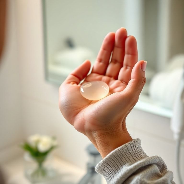 Close-up shot of a person's hands warming a small, pea-sized amount of clear hair gel between their palms, preparing to apply it. The background is softly blurred, focusing on the hands and the gel, showing a clean, well-lit bathroom or vanity setting, natural light, soft focus, high detail, realistic, warm tones
