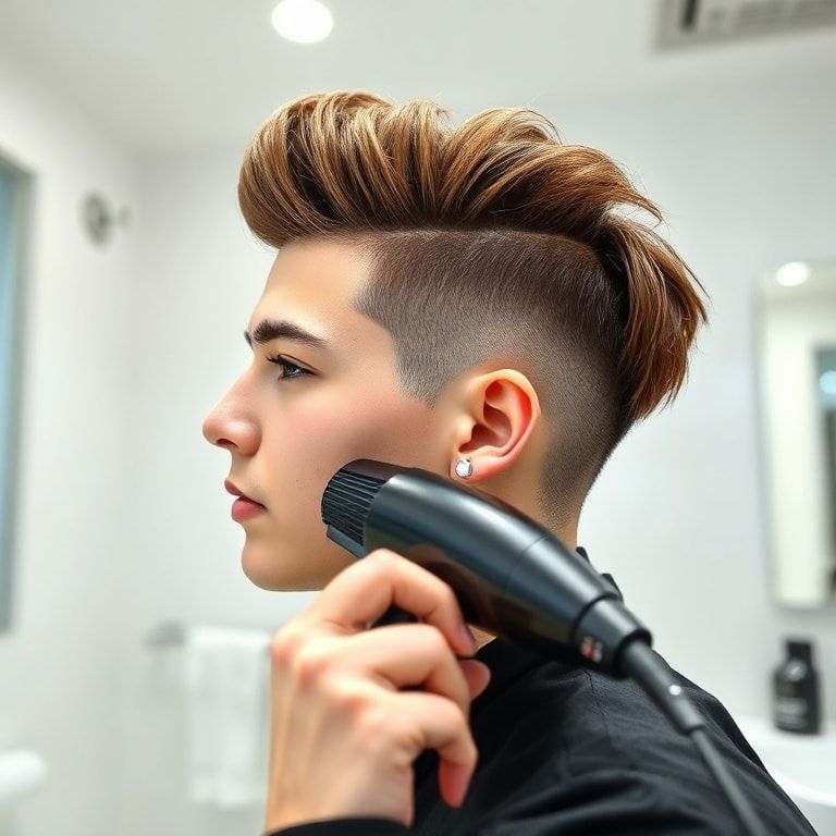 A person with a stylish haircut is using a professional hair dryer with a nozzle attachment to set their hair after applying