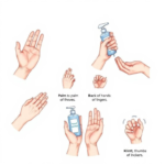 A detailed, step-by-step illustration showing a person applying alcohol-based hand sanitizer correctly, with each step (palm to palm, back of hands, between fingers, knuckles, thumbs, fingertips) clearly depicted. The hands are clean and well-lit against a simple, hygienic background. The style is clear, educational, and easy to follow, with a focus on proper technique. Soft, natural lighting, high resolution.