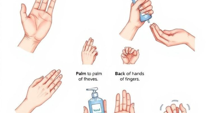 A detailed, step-by-step illustration showing a person applying alcohol-based hand sanitizer correctly, with each step (palm to palm, back of hands, between fingers, knuckles, thumbs, fingertips) clearly depicted. The hands are clean and well-lit against a simple, hygienic background. The style is clear, educational, and easy to follow, with a focus on proper technique. Soft, natural lighting, high resolution.