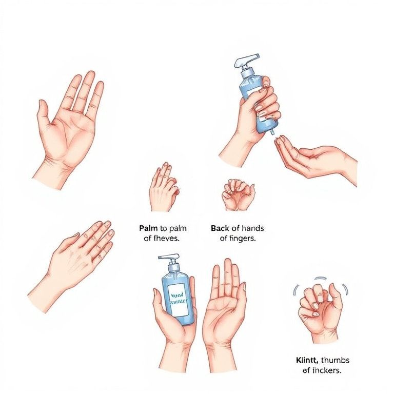 A detailed, step-by-step illustration showing a person applying alcohol-based hand sanitizer correctly, with each step (palm to palm, back of hands, between fingers, knuckles, thumbs, fingertips) clearly depicted. The hands are clean and well-lit against a simple, hygienic background. The style is clear, educational, and easy to follow, with a focus on proper technique. Soft, natural lighting, high resolution.
