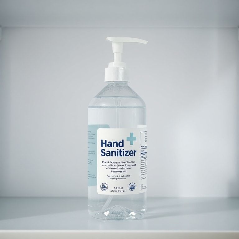 A clear, well-composed shot of an alcohol-based hand sanitizer bottle stored safely on a cool, dry shelf, away from direct su