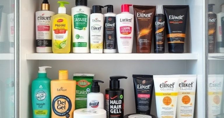 A diverse range of hair gel products displayed on a clean, minimalist shelf in a modern bathroom. Different brands, hold levels, and packaging types are visible, with some open to show texture. Soft, natural lighting, focus on product details, professional product photography style, high resolution, detailed