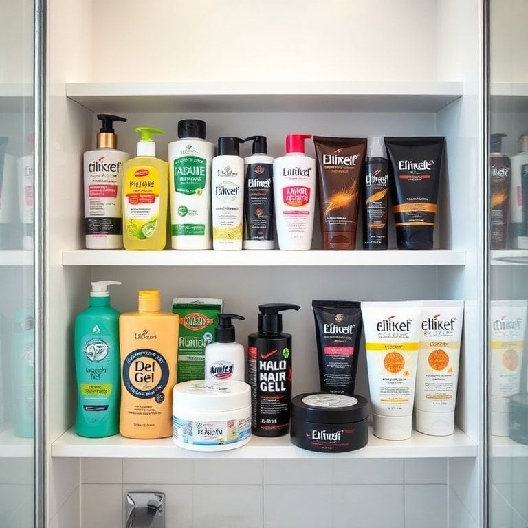 A diverse range of hair gel products displayed on a clean, minimalist shelf in a modern bathroom. Different brands, hold levels, and packaging types are visible, with some open to show texture. Soft, natural lighting, focus on product details, professional product photography style, high resolution, detailed