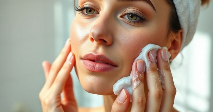 A woman gently cleansing her face with a mild facial wash, soft morning light, clean bathroom environment, focus on healthy skin, natural beauty, ultra realistic, highly detailed, 8k quality, photorealistic