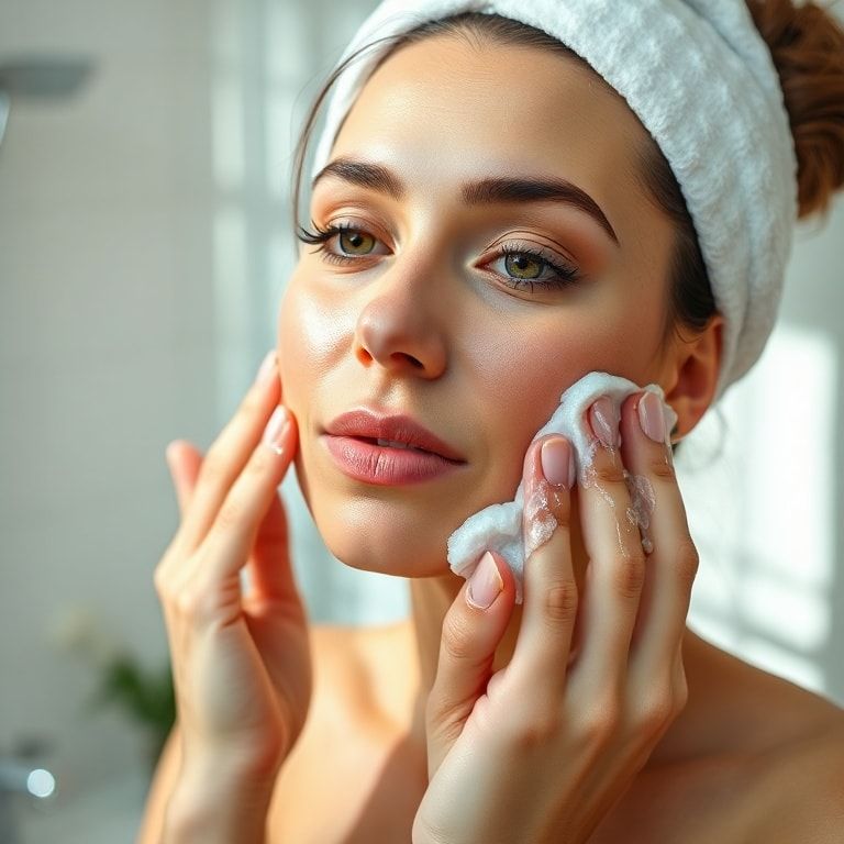 A woman gently cleansing her face with a mild facial wash, soft morning light, clean bathroom environment, focus on healthy skin, natural beauty, ultra realistic, highly detailed, 8k quality, photorealistic