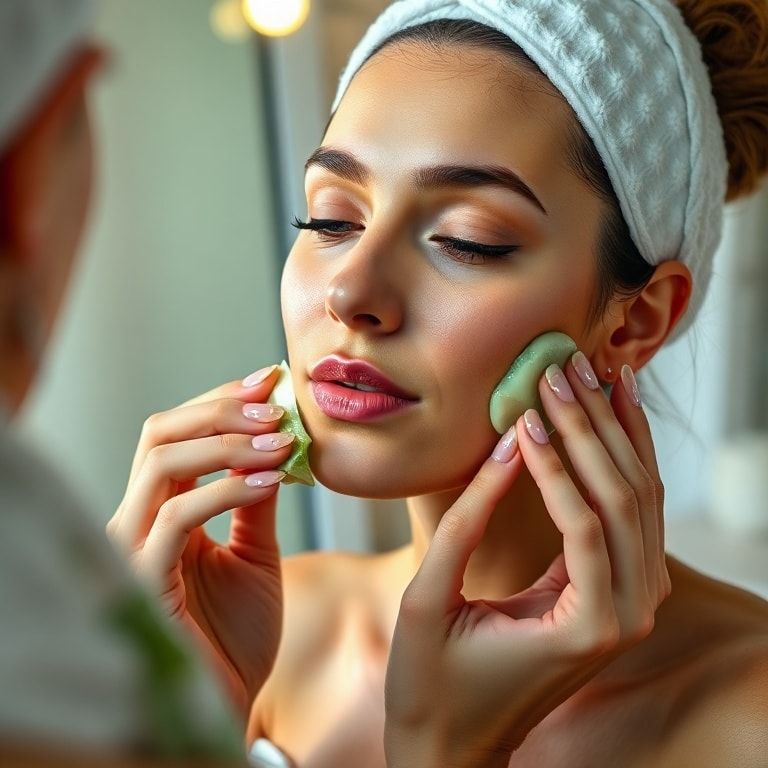 A serene woman applying aloe vera gel to her face as part of her evening skincare routine, soft bedroom lighting, reflection