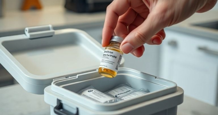 A close-up shot of a hand carefully placing a small, labeled medication vial into a compact, insulated cooler with pharmaceutical-grade ice packs, set against a blurred background of a modern kitchen counter with a travel bag nearby. The scene is well-lit, emphasizing care and precision, with a slightly cool color palette to suggest refrigeration.