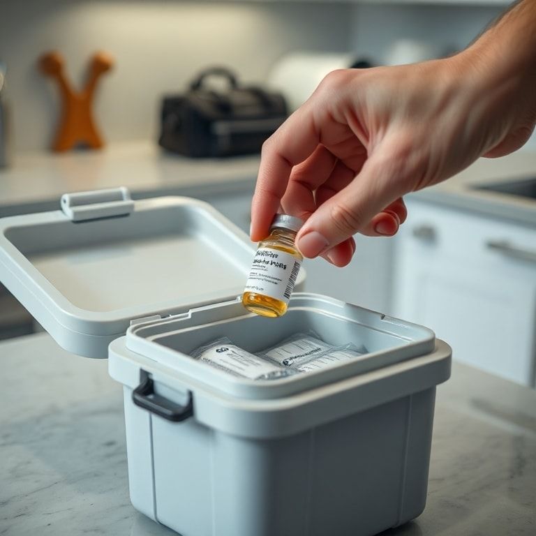 A close-up shot of a hand carefully placing a small, labeled medication vial into a compact, insulated cooler with pharmaceutical-grade ice packs, set against a blurred background of a modern kitchen counter with a travel bag nearby. The scene is well-lit, emphasizing care and precision, with a slightly cool color palette to suggest refrigeration.