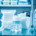 close-up view of various advanced gel packs and phase-change materials (PCMs) used in pharmaceutical shipping, showing different sizes and textures, alongside a thermometer displaying a stable cold temperature, in a sterile lab-like environment, scientific, precise, cool blue and white tones, highly detailed, photorealistic