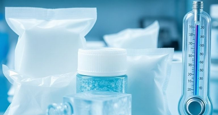 close-up view of various advanced gel packs and phase-change materials (PCMs) used in pharmaceutical shipping, showing different sizes and textures, alongside a thermometer displaying a stable cold temperature, in a sterile lab-like environment, scientific, precise, cool blue and white tones, highly detailed, photorealistic