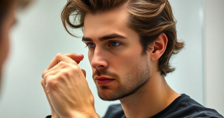 A male model with medium-length, wavy hair, gracefully applying a small amount of hair gel to his damp hair with his fingertips. He is looking into a mirror, focusing on distributing the gel evenly from mid-lengths to ends, creating a natural, flexible hold. The background is a clean, modern bathroom with soft, diffused lighting. The overall mood is sophisticated and effortless, emphasizing natural styling.