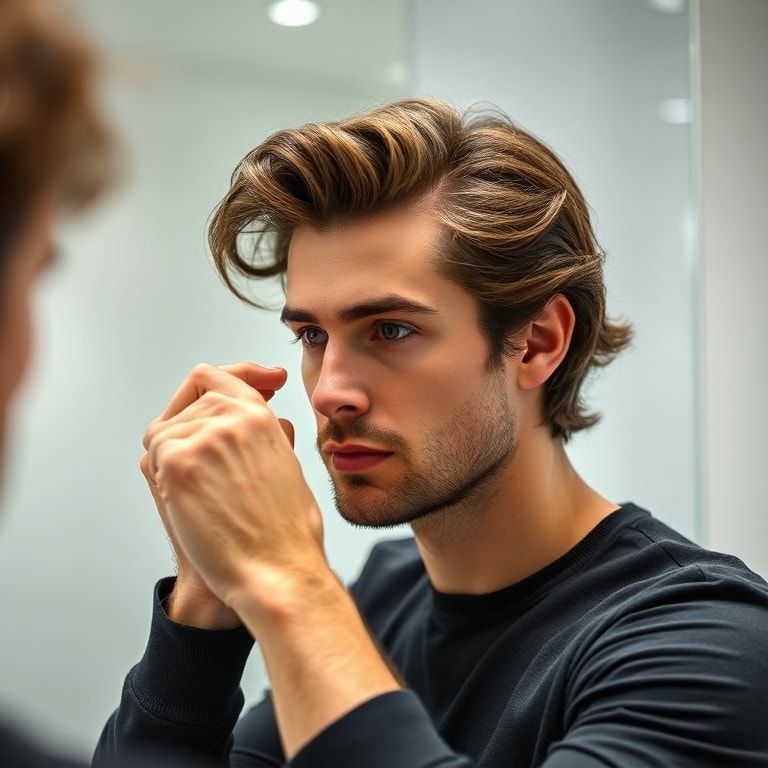 A male model with medium-length, wavy hair, gracefully applying a small amount of hair gel to his damp hair with his fingertips. He is looking into a mirror, focusing on distributing the gel evenly from mid-lengths to ends, creating a natural, flexible hold. The background is a clean, modern bathroom with soft, diffused lighting. The overall mood is sophisticated and effortless, emphasizing natural styling.