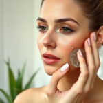 A close-up shot of a woman gently applying clear aloe vera gel to her clean face, with a soft, natural light illuminating her skin. Her expression is calm and focused. The background is a blurred, minimalist bathroom setting with a plant. The image should convey a sense of natural beauty and gentle care. Soft focus, warm tones, highly detailed, photorealistic.
