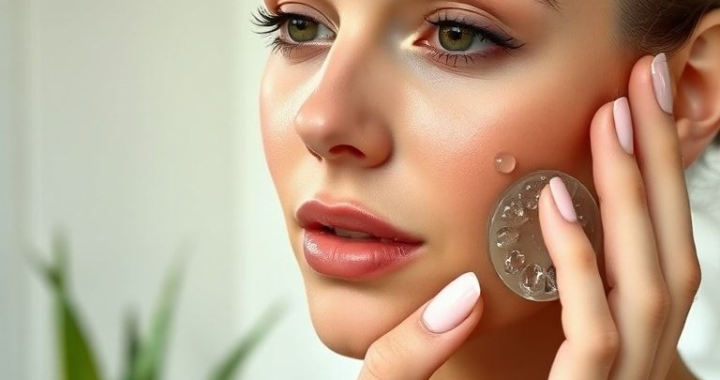 A close-up shot of a woman gently applying clear aloe vera gel to her clean face, with a soft, natural light illuminating her skin. Her expression is calm and focused. The background is a blurred, minimalist bathroom setting with a plant. The image should convey a sense of natural beauty and gentle care. Soft focus, warm tones, highly detailed, photorealistic.