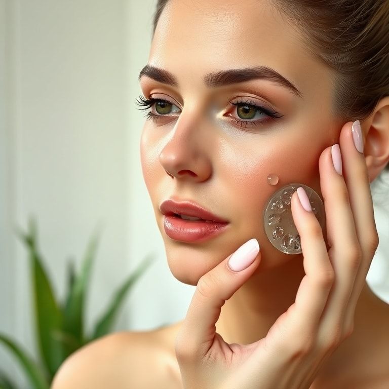 A close-up shot of a woman gently applying clear aloe vera gel to her clean face, with a soft, natural light illuminating her skin. Her expression is calm and focused. The background is a blurred, minimalist bathroom setting with a plant. The image should convey a sense of natural beauty and gentle care. Soft focus, warm tones, highly detailed, photorealistic.