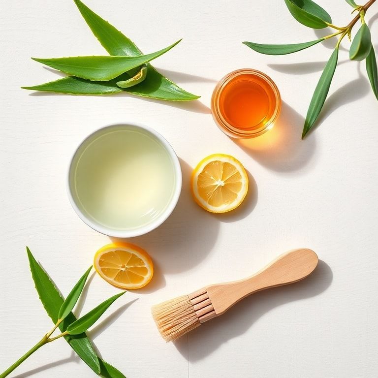 A beautifully composed flat lay of various natural skincare ingredients on a light wooden background. This includes a small b