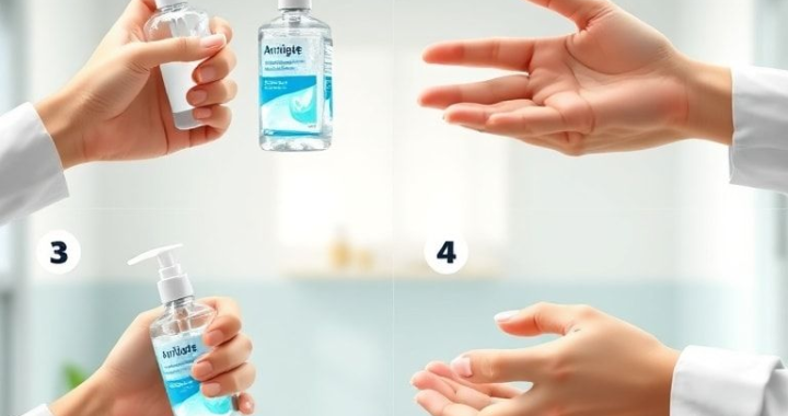 A person demonstrating the correct steps of using alcohol-based hand sanitizer, showing each step clearly from dispensing the gel to rubbing hands thoroughly, in a clean, brightly lit environment, educational style, clear and easy to follow, soft natural lighting, realistic, highly detailed, 8k quality, photorealistic