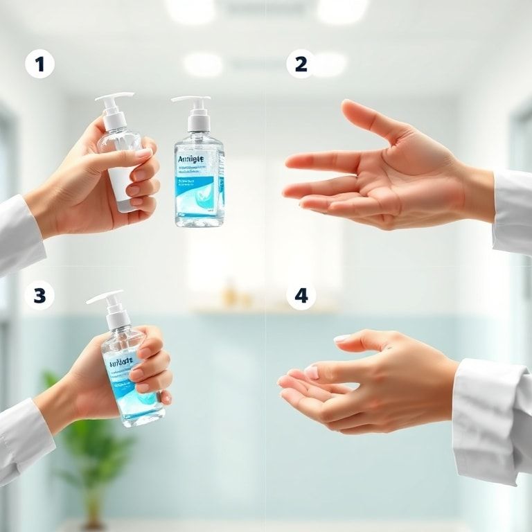 A person demonstrating the correct steps of using alcohol-based hand sanitizer, showing each step clearly from dispensing the gel to rubbing hands thoroughly, in a clean, brightly lit environment, educational style, clear and easy to follow, soft natural lighting, realistic, highly detailed, 8k quality, photorealistic