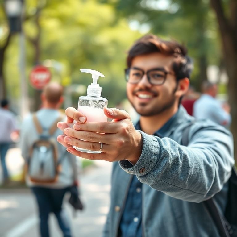 A person confidently using alcohol-based hand sanitizer in a public setting like a park or street, with a focus on ease of us