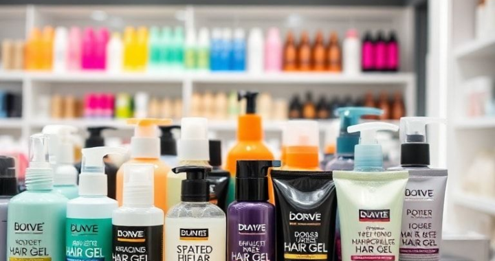 A diverse range of hair gel products displayed neatly on a shelf in a modern, brightly lit beauty store. The gels come in various sizes and colors, with labels indicating different hold levels and finishes (matte, shiny). Some bottles are clear, showcasing the gel texture, while others are opaque. The background is slightly blurred, focusing on the products. Soft, natural lighting, high detail, product photography style.