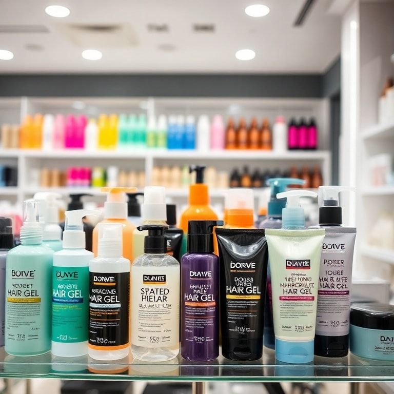 A diverse range of hair gel products displayed neatly on a shelf in a modern, brightly lit beauty store. The gels come in various sizes and colors, with labels indicating different hold levels and finishes (matte, shiny). Some bottles are clear, showcasing the gel texture, while others are opaque. The background is slightly blurred, focusing on the products. Soft, natural lighting, high detail, product photography style.