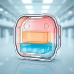 Detailed cross-section of an advanced medical gel pack, showing internal phase change materials (PCMs) in various states (solid and liquid), surrounded by a durable, transparent outer casing. The image should highlight the scientific precision, with subtle color gradients indicating temperature zones, against a clean, sterile laboratory background. Educational, technical, ultra realistic, highly detailed, 8k quality, scientific illustration style.