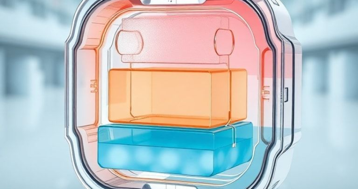 Detailed cross-section of an advanced medical gel pack, showing internal phase change materials (PCMs) in various states (solid and liquid), surrounded by a durable, transparent outer casing. The image should highlight the scientific precision, with subtle color gradients indicating temperature zones, against a clean, sterile laboratory background. Educational, technical, ultra realistic, highly detailed, 8k quality, scientific illustration style.