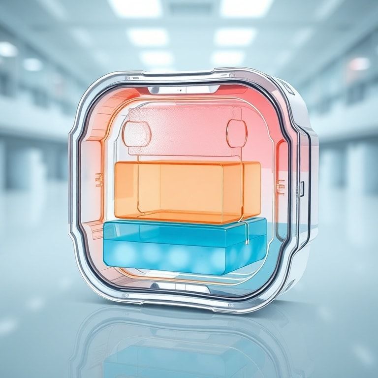 Detailed cross-section of an advanced medical gel pack, showing internal phase change materials (PCMs) in various states (solid and liquid), surrounded by a durable, transparent outer casing. The image should highlight the scientific precision, with subtle color gradients indicating temperature zones, against a clean, sterile laboratory background. Educational, technical, ultra realistic, highly detailed, 8k quality, scientific illustration style.