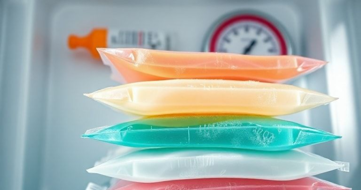 A close-up, highly detailed shot of various medical gel packs in different sizes and colors, stacked neatly inside an insulated medical cooler. The gel packs show slight condensation, indicating their coldness. In the background, blurred elements of a vaccine vial and a thermometer are visible. The lighting is crisp and clean, emphasizing the texture of the gel packs and the insulated walls of the cooler. Educational, technical, ultra realistic, highly detailed, 8k quality, photorealistic