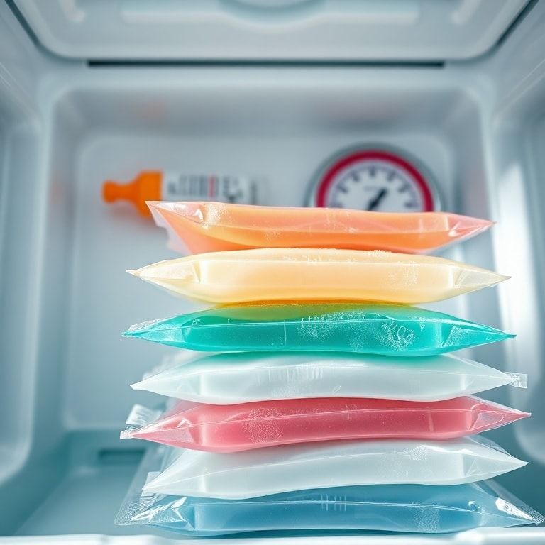 A close-up, highly detailed shot of various medical gel packs in different sizes and colors, stacked neatly inside an insulated medical cooler. The gel packs show slight condensation, indicating their coldness. In the background, blurred elements of a vaccine vial and a thermometer are visible. The lighting is crisp and clean, emphasizing the texture of the gel packs and the insulated walls of the cooler. Educational, technical, ultra realistic, highly detailed, 8k quality, photorealistic