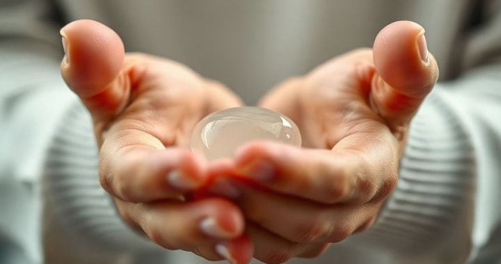 A close-up shot of hands warming up a small amount of clear hair gel by rubbing palms together, showing the gel spreading evenly across the hands. The background is blurred, focusing on the hands and gel. Soft, natural lighting, ultra realistic, highly detailed, photorealistic, with a focus on demonstrating วิธีใช้แฮร์เจลให้ผมอยู่ทรงสวย ไม่จับเป็นก้อน