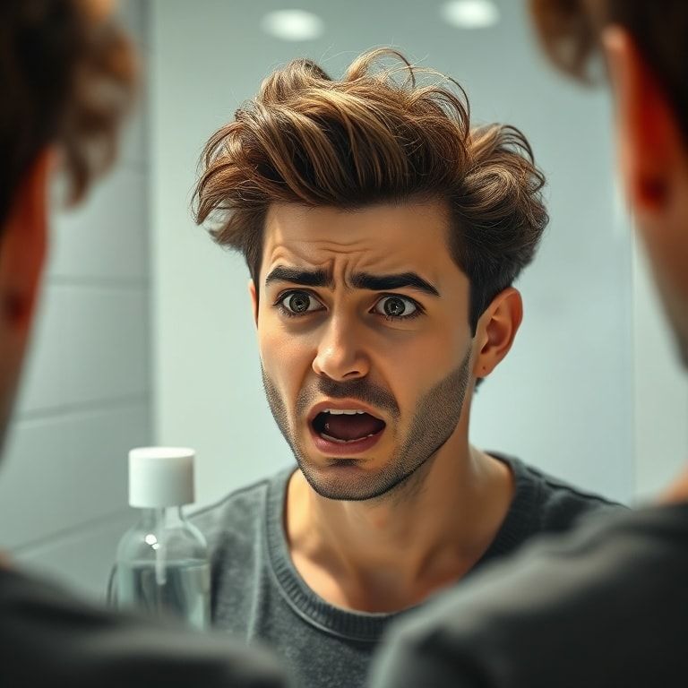 achieve - A person looking frustrated while trying to style their hair with too much gel, resulting in stiff, clumpy hair. Th