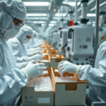 Detailed shot of a pharmaceutical packaging line, workers in cleanroom suits carefully placing medical-grade cold gel packs around vials of temperature-sensitive vaccines inside insulated shipping boxes. The environment is bright, sterile, with advanced machinery, showcasing precision and care, cinematic atmosphere, ultra realistic, highly detailed, 8k quality, photorealistic