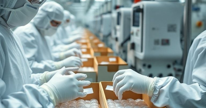Detailed shot of a pharmaceutical packaging line, workers in cleanroom suits carefully placing medical-grade cold gel packs around vials of temperature-sensitive vaccines inside insulated shipping boxes. The environment is bright, sterile, with advanced machinery, showcasing precision and care, cinematic atmosphere, ultra realistic, highly detailed, 8k quality, photorealistic